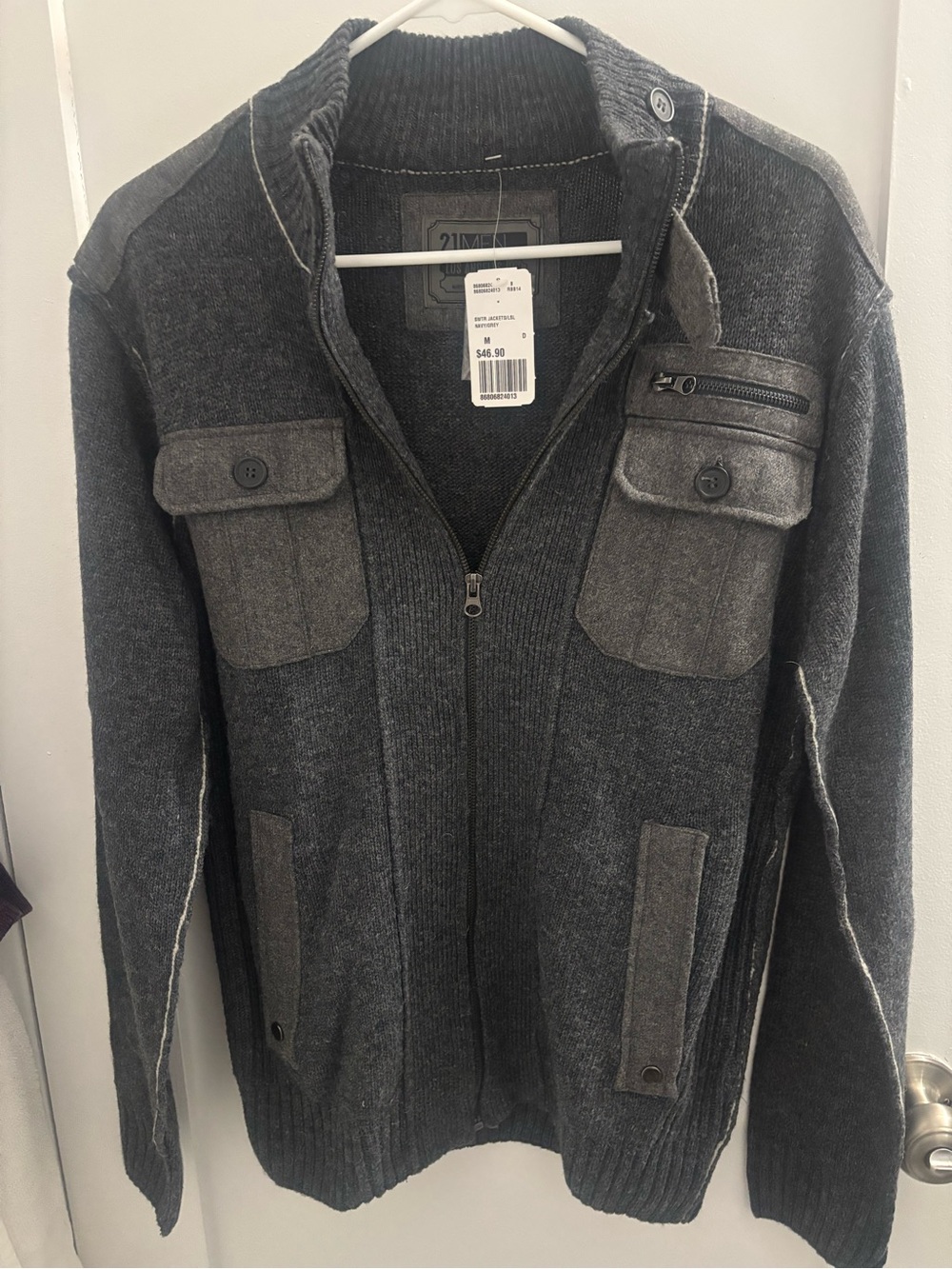 21men Charcoal Gray Zip-Up Sweater Jacket with Pocket Details
